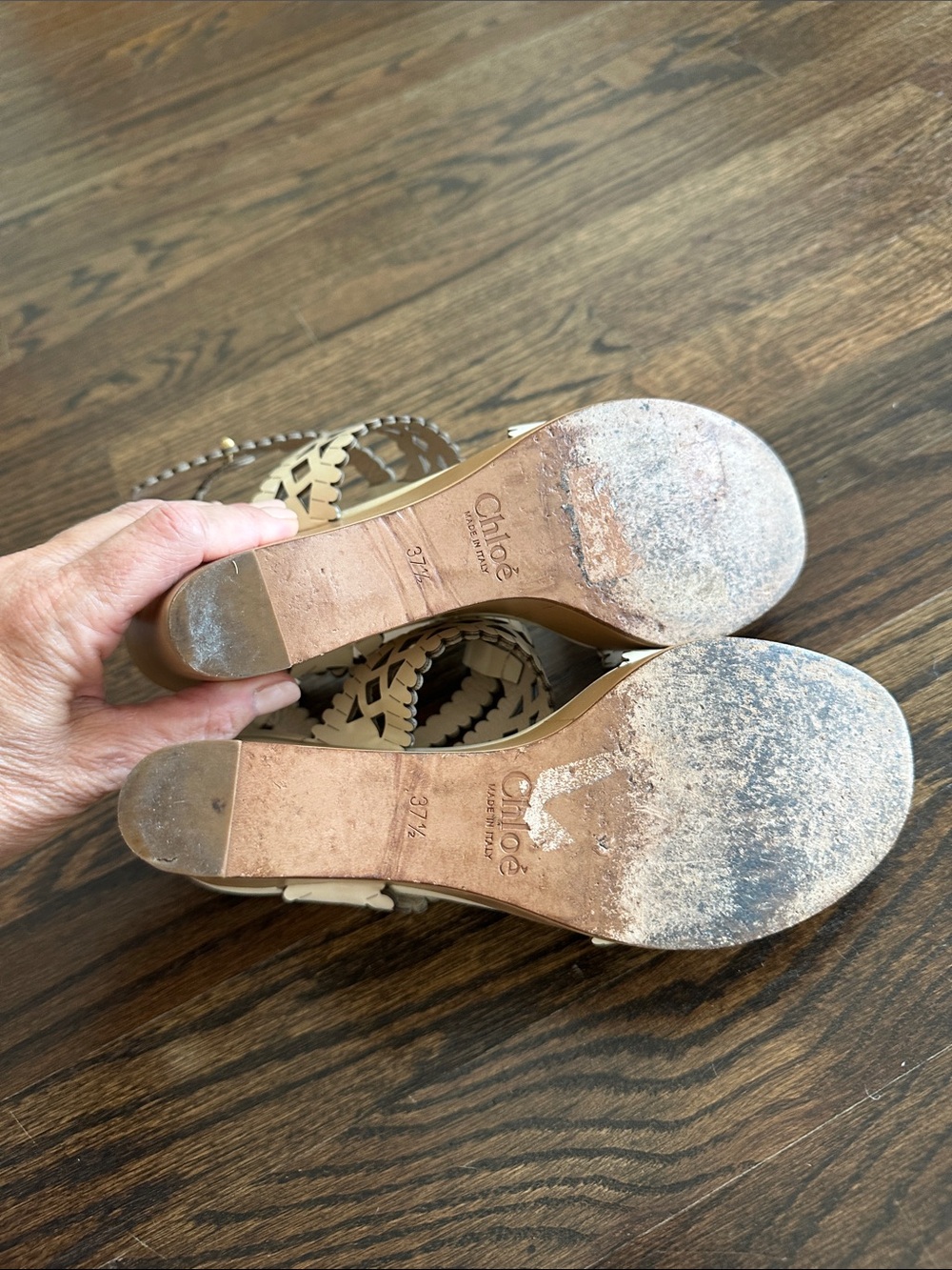 Chloé White Laser-Cut Leather Wedge Sandals with Tan Platform - Picture 9 of 14